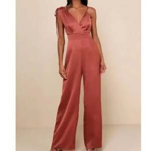 Lulus Look of Luxe Rusty Rose Satin Asymmetrical Wide-Leg Jumpsuit